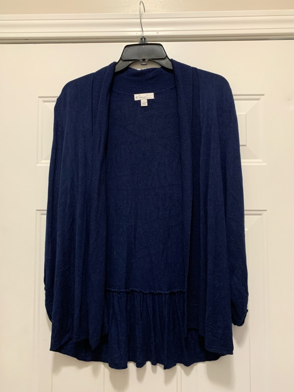 3/$15 Kim Rogers Navy Open-Front Draped Cardigan Size Large